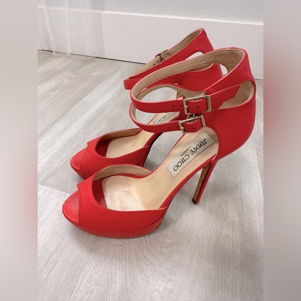 Jimmy Choo Red Leather Double Ankle Strap Open Toe Pumps 36/5.5-6